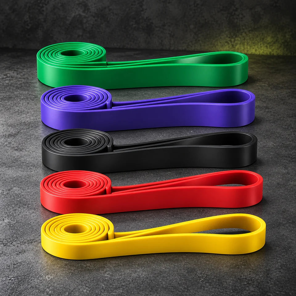 Bandes de résistance en latex, coloris vert, violet, noir, rouge et jaune